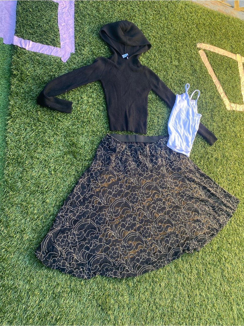 Zara Black Lace Circle Skirt with Floral Overlay